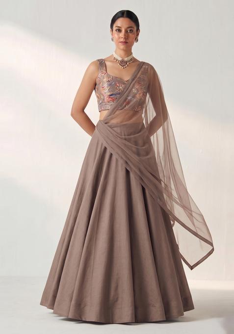 Brown Printed Crepe Lehenga Set