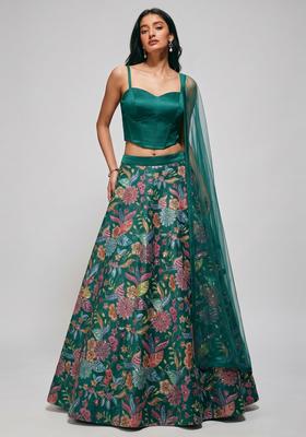 Bottle Green Printed Crepe Lehenga Set