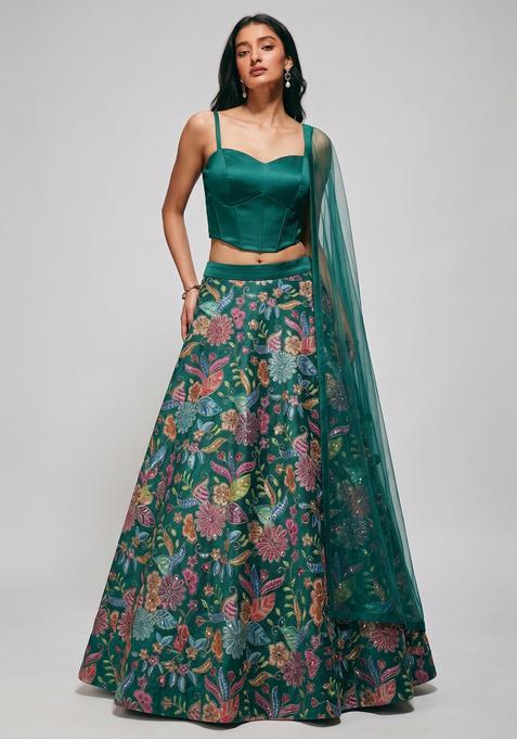 Bottle Green Printed Crepe Lehenga Set
