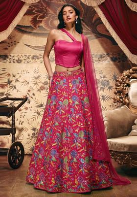 Fuchsia Printed Crepe Lehenga Set