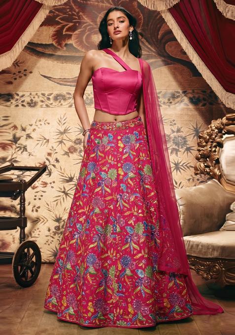 Fuchsia Printed Crepe Lehenga Set