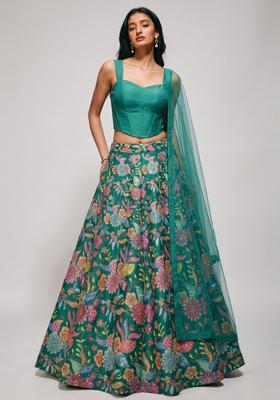 Emerald Green Printed Crepe Lehenga Set