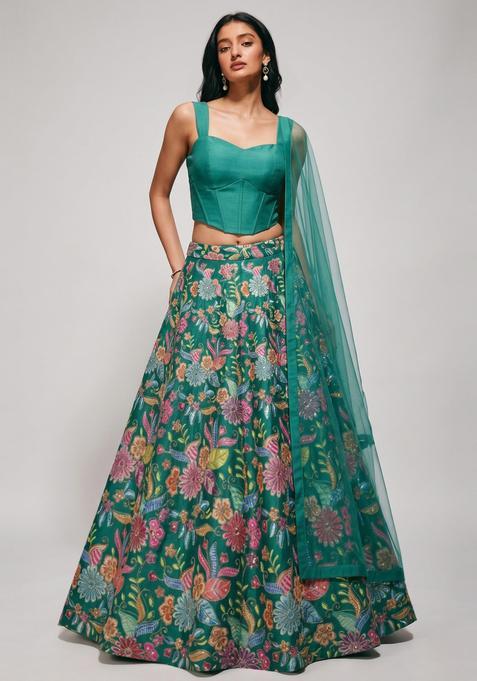 Emerald Green Printed Crepe Lehenga Set