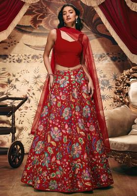 Crimson Red Printed Crepe Lehenga Set