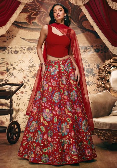 Crimson Red Printed Crepe Lehenga Set