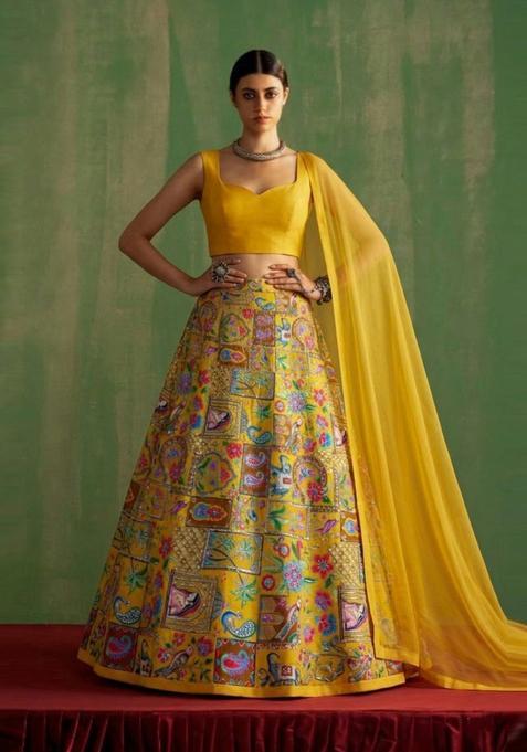 Yellow Printed Crepe Lehenga Set