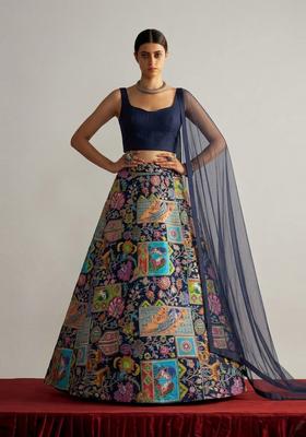 Navy Blue Printed Crepe Lehenga Set