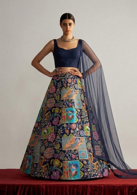 Navy Blue Printed Crepe Lehenga Set
