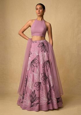 Mauve Pink Embroidered Chanderi Lehenga Set