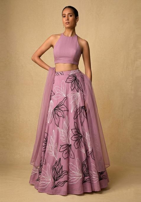 Mauve Pink Embroidered Chanderi Lehenga Set