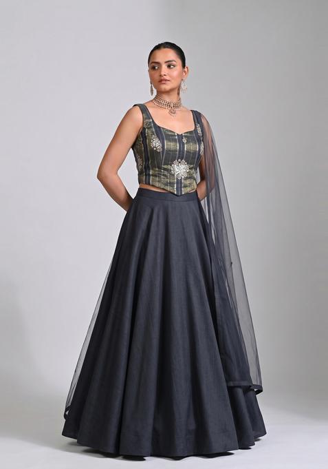 Charcoal Grey Tissue Lehenga Set
