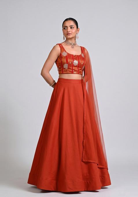 Rust Orange Tissue Lehenga Set