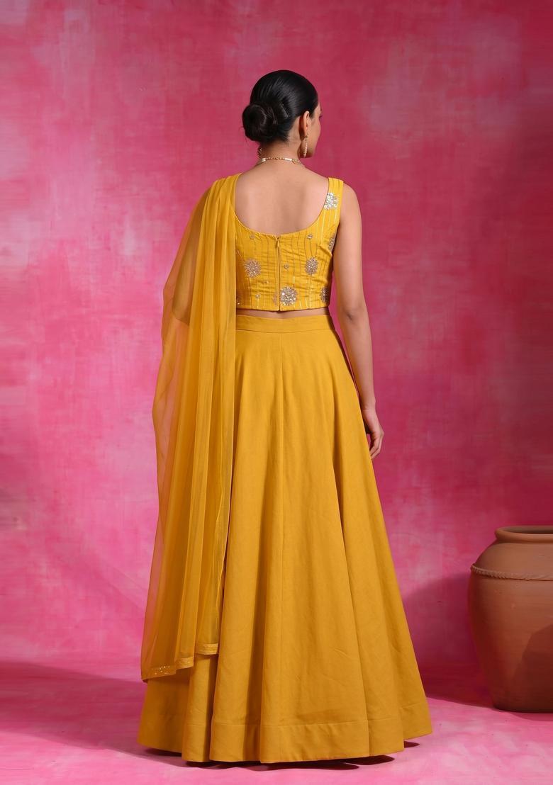 Mustard Yellow Tissue Lehenga Set - Indya
