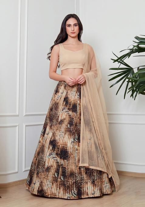Beige Printed Crepe Lehenga Set