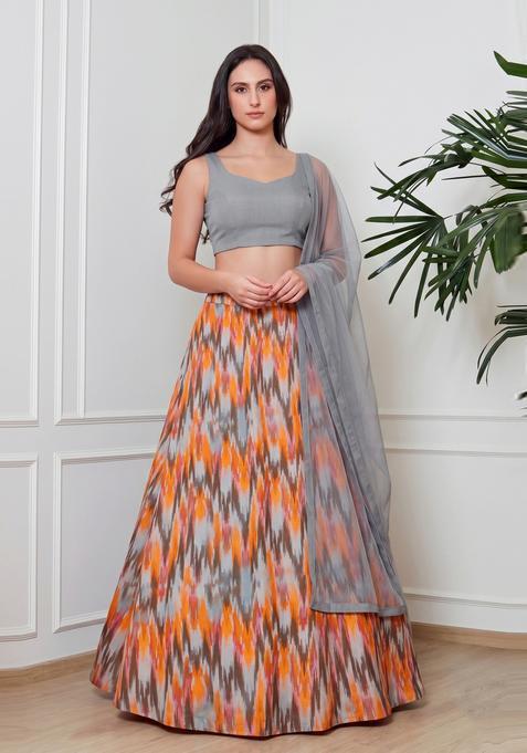 Grey Printed Crepe Lehenga Set