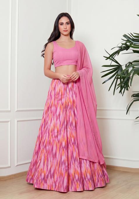 Rose Pink Printed Crepe Lehenga Set