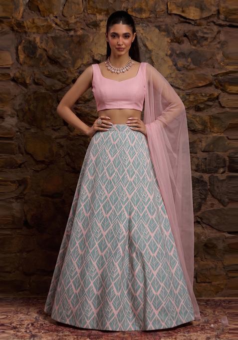 Pastel Pink Printed Crepe Lehenga Set