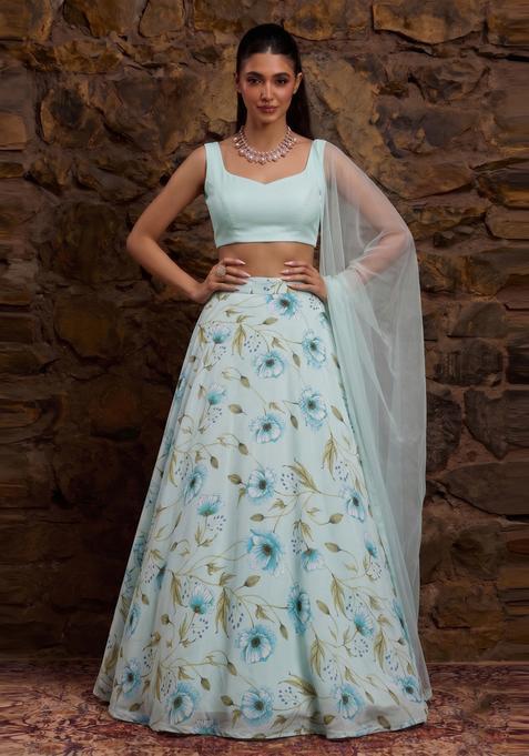 Mint Blue Printed Crepe Lehenga Set