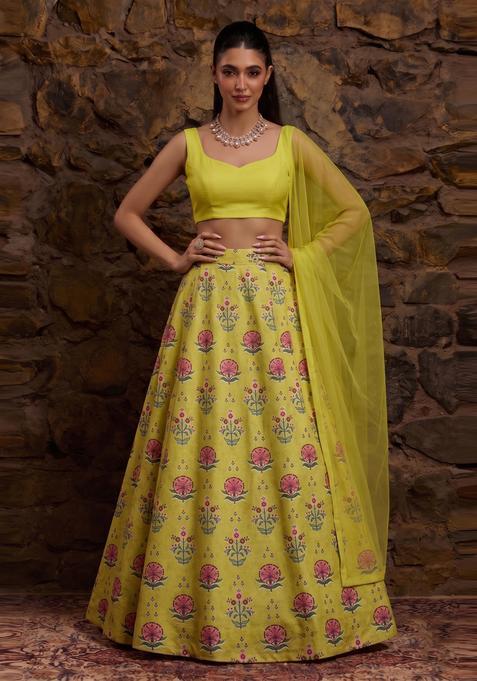 Yellow Printed Crepe Lehenga Set
