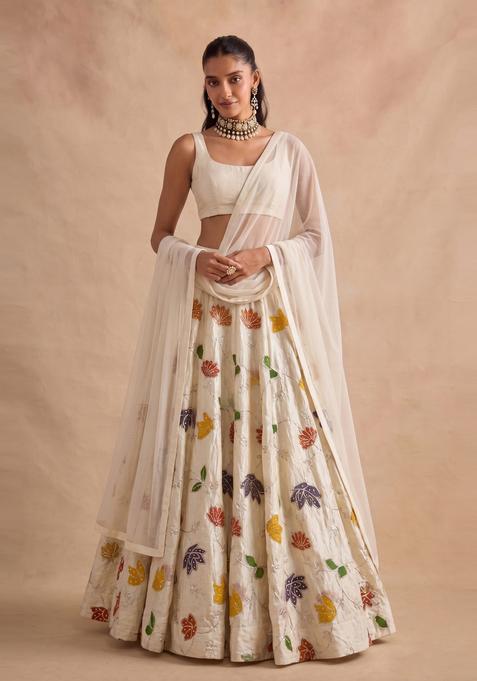 Off-White Printed Silk Lehenga Set
