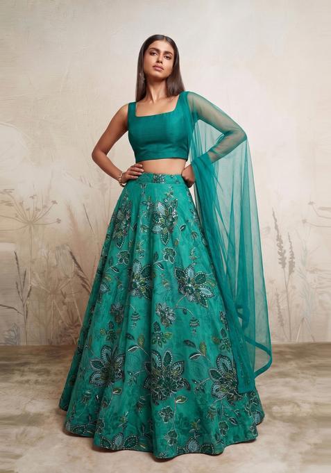 Emerald Green Printed Organza Lehenga Set