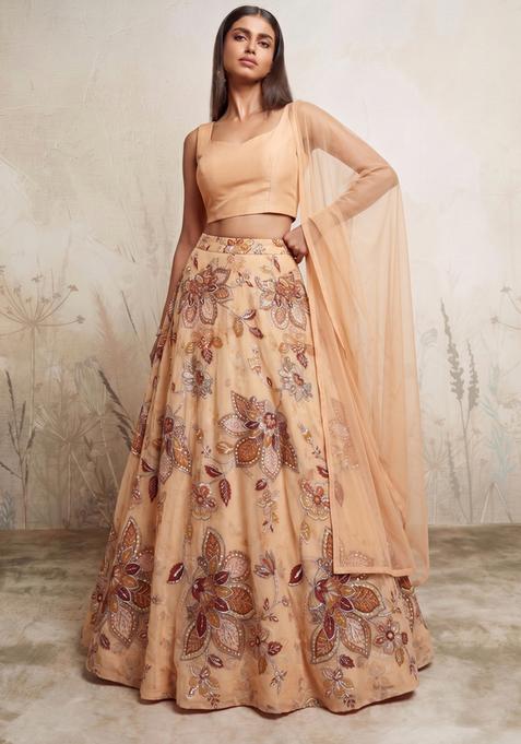 Peach Printed Organza Lehenga Set