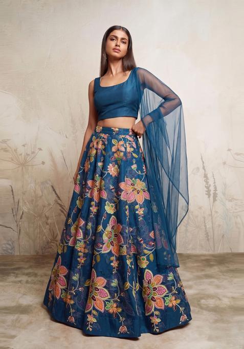 Dark Blue Printed Organza Lehenga Set