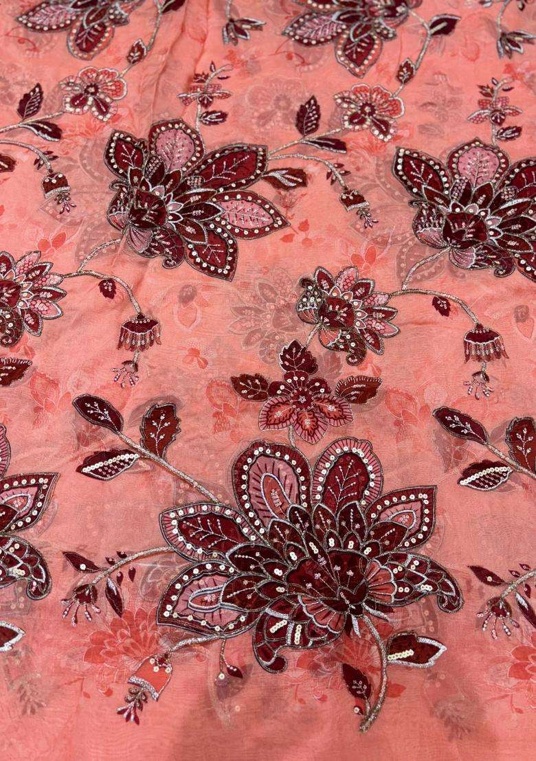 Coral Brocade Lehenga Set - Indya