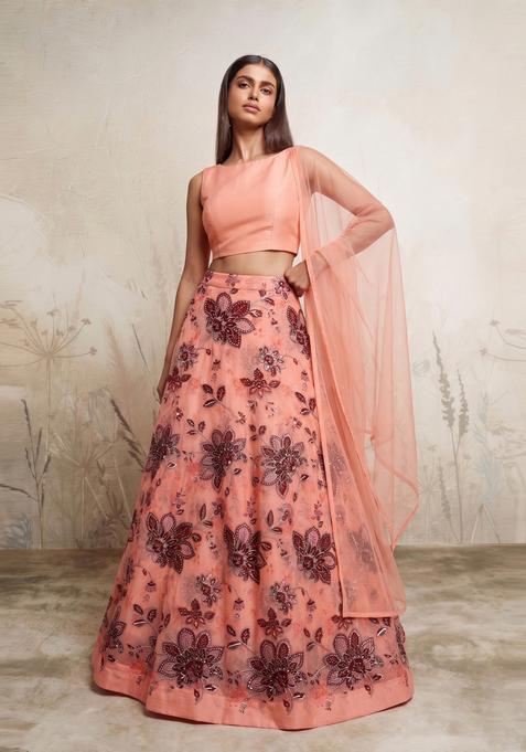 Coral Brocade Lehenga Set