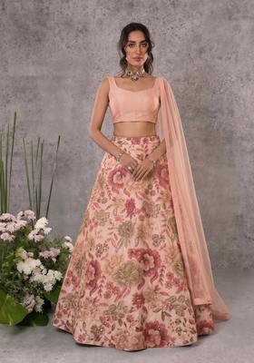 Peach Printed Chinon Lehenga Set