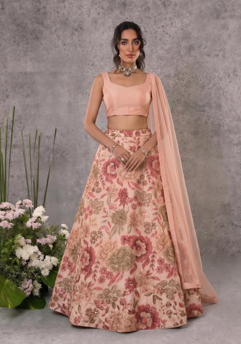 Peach Printed Chinon Lehenga Set
