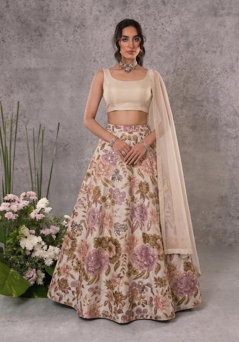 Beige Printed Chinon Lehenga Set
