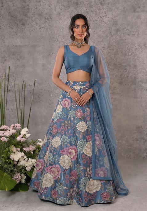 Dusty Blue Printed Chinon Lehenga Set