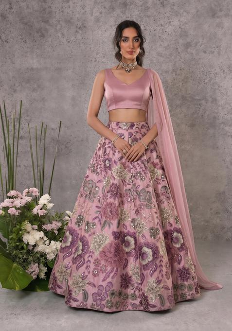 Dusty Pink Printed Chinon Lehenga Set