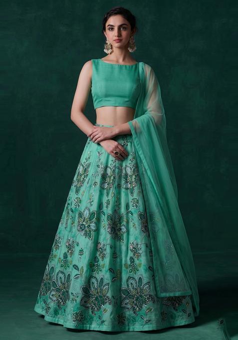 Mint Green Printed Organza Lehenga Set