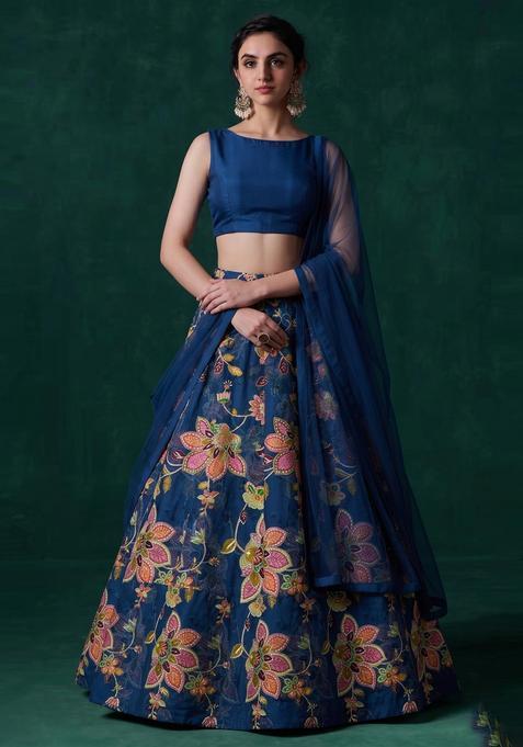 Navy Blue Printed Organza Lehenga Set