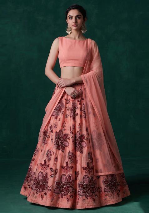 Peach Printed Organza Lehenga Set