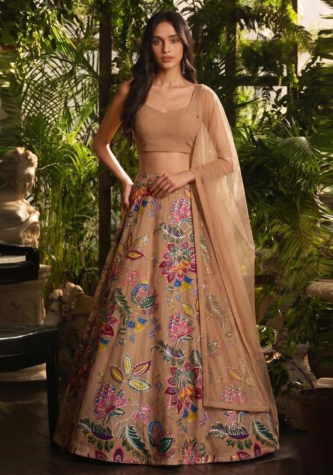 Beige Printed Organza Lehenga Set