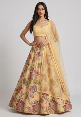 Yellow Printed Organza Lehenga Set