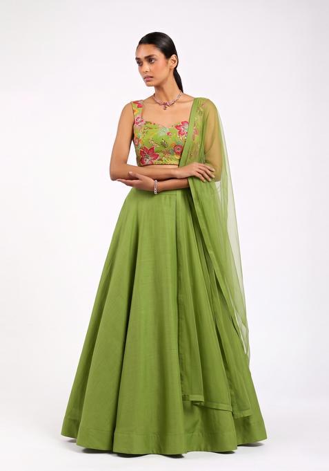 Olive Green Printed Viscose Lehenga Set