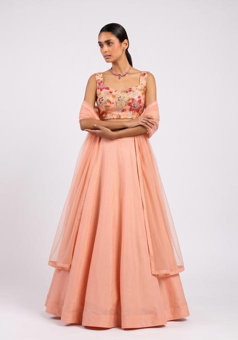 Peach Printed Viscose Lehenga Set