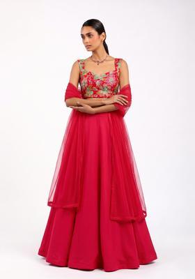 Crimson Red Printed Viscose Lehenga Set