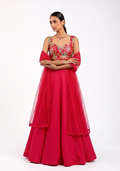 Crimson Red Printed Viscose Lehenga Set