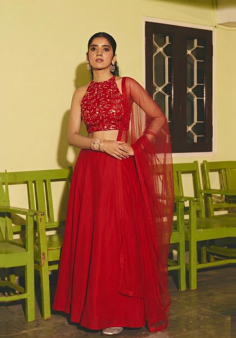 Red Embroidered Crepe Lehenga Set