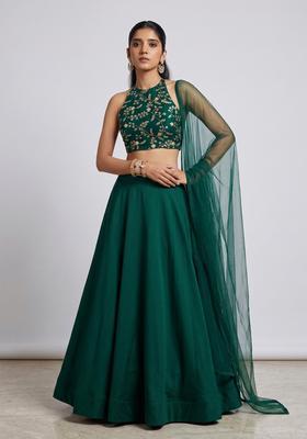 Emerald Green Embroidered Crepe Lehenga Set