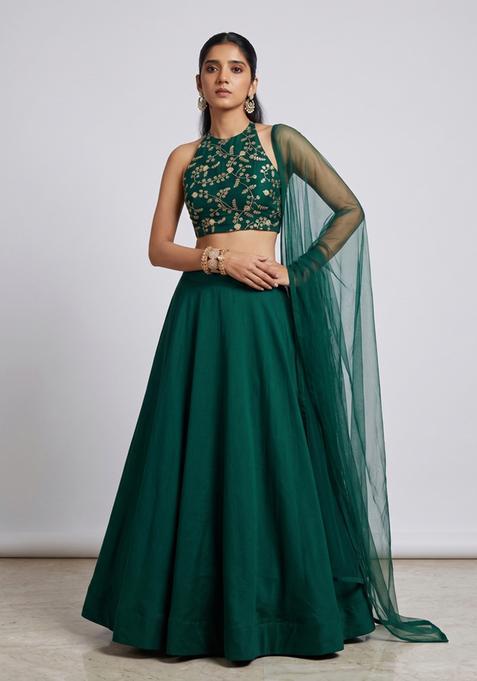 Emerald Green Embroidered Crepe Lehenga Set