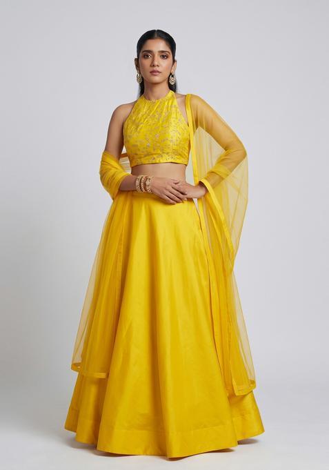 Bright Yellow Embroidered Crepe Lehenga Set