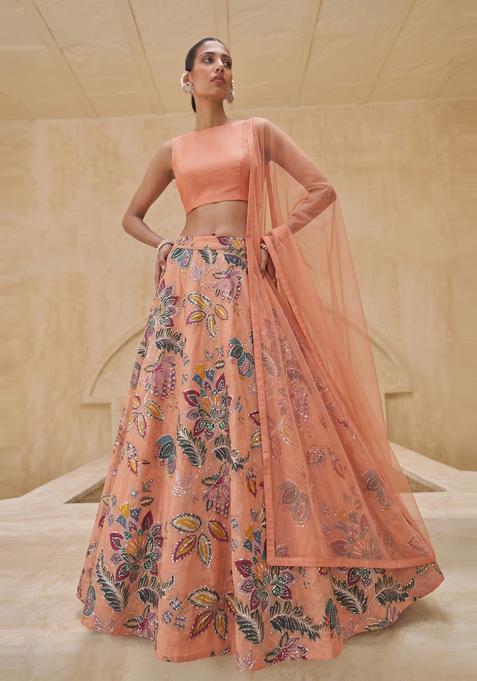 Light Peach Printed Organza Lehenga Set
