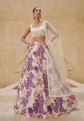 White Printed Organza Lehenga Set