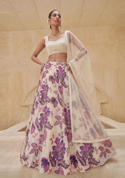 White Printed Organza Lehenga Set